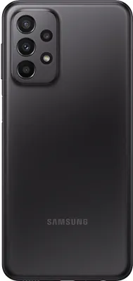 A rear view of a black Samsung Galaxy A23 5G smartphone.