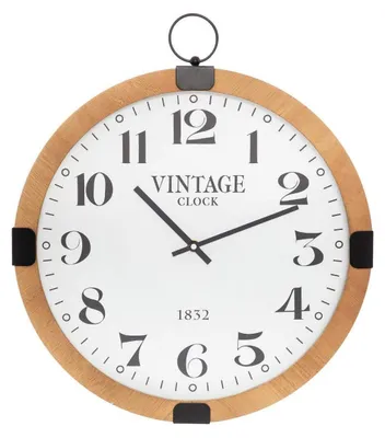 A vintage-style wall clock with a wooden frame and a white face.