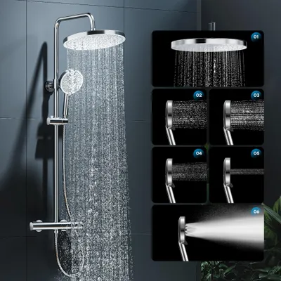 Immagine prodotto di HOROW Sistema doccia con termostato, 5 modalità di getto, set doccia a pioggia grande cromato, set doccia con termostato, regolabile in altezza, soffione grande 30 cm