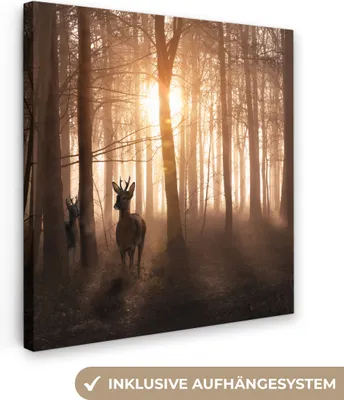 Produktbild von MuchoWow® - Leinwandbilder - Wald - Hirsche - Sonne - Bäume - Winter - Natur - Tiere, Wandbild, Wanddeko Bilder Wohnzimmer, 90x90 cm