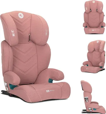 A collage of images showing a pink child car seat from different angles.