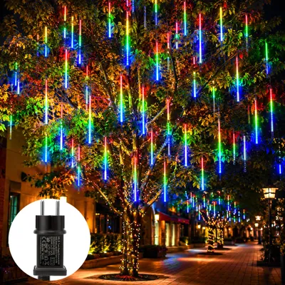 Zdjęcie produktu dla Świateczna girlanda LED "Meteory", kolorowa, wodoodporna, imitująca spadające gwiazdy, 192 diod LED, długość 2,4 metra, 8 rurek, średnica 30 cm, idealna do dekoracji choinki, imprez, ogrodu, balkonu
