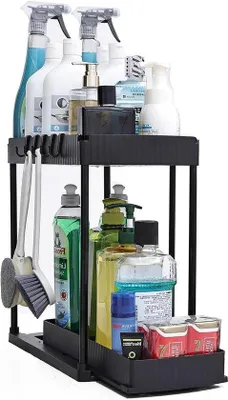 Zdjęcie produktu dla Organizer do szafek pod zlewem - organizer do szuflady kuchennej - system do porządkowania szafek - wysuwane kosze - 37x37x20 cm - czarny