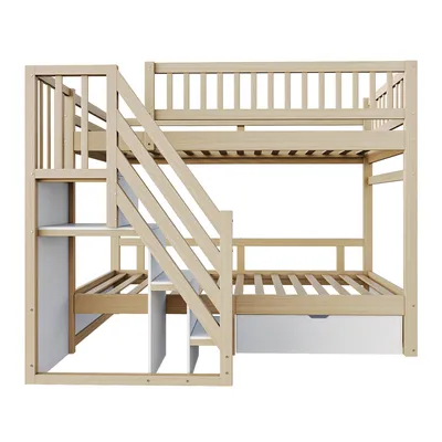 Obrázek produktu pro okwish patrová postel 90×200 s bezpečnostním zábradlím a roštem, dětská postel s bezpečnostním žebříkem a úložným prostorem, dřevěná postel se zásuvkami, bez matrace, přírodní barva