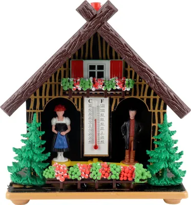Produktbild von Wetterhaus Thermometer Schwarzwald 01 Dach grün ohne Reh Waldhütte Hygrometer Retro