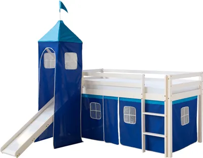 Produktbild von Homestyle4u Hochbett mit Rutsche Leiter Tunnel Turm Weiß Blau 90x200