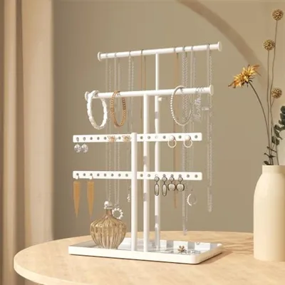 Productafbeelding van PromoHome® Sieradenstandaard – Kettinghouder – Wit, verstelbaar, met 3 plateaus, geschikt voor oorbellen, armbanden, horloges en kettingen