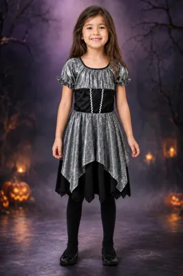 Produktbild von Kinderkostüm Hexenkleid silber-schwarz – Spinnennetz-Kostüm (140)