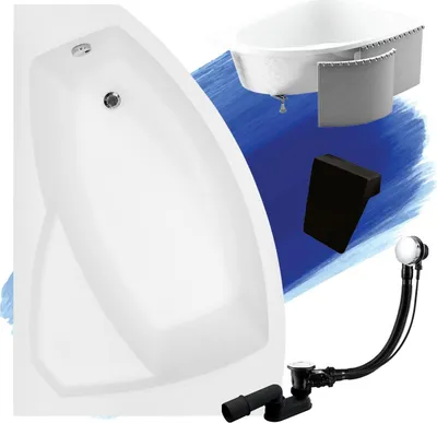Image de Baignoire Acrylique 5en1 Asymétrique 130x85 Gauche Blanc + Cabine Styrofoam + Appui-tête Noir, Siphon Premium Moderne et Cadre | BADLAND RIMA