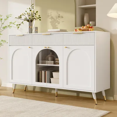 Produktbild von Sideboard mit 4 Acryl-Türen, 3 Schubladen & Holzbeinen, MDF in Weiß, 140x40x85,5cm