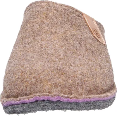 A single brown felt slipper with a purple and gray trim at the bottom, and a small leather tag with a logo on the side.