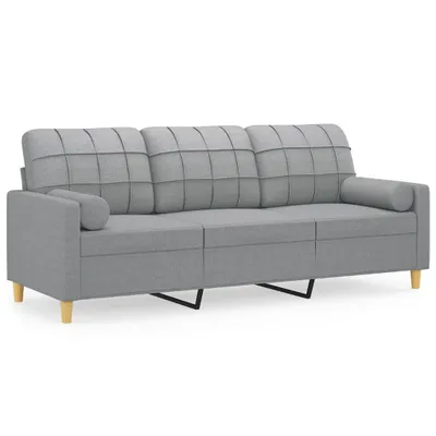A light gray three-seater sofa with a tufted backrest and a cylindrical bolster pillow on the left armrest, shown from a front-side angle against a white background.