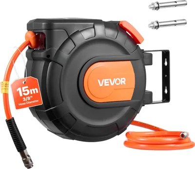 Obrázek produktu pro VEVOR naviják na vzduchovou hadici, 9,5 mm x 15 m PVC hadice, 20 bar, uzavřený naviják s automatickým navíjením a 1 m přívodním kabelem, 180° otočný držák na strop/stěnu