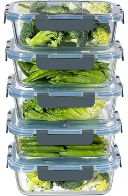 Produktbild von 5er-Set 1040ml Meal Prep Boxen Glas Frischhaltedosen Glas mit Deckel, Glasbehälter mit Deckel Set, BPA-frei Glasdosen mit Deckel Set, Mikrowellen-, Ofen-, Gefrier- & Spülmaschinengeeignet, Grau
