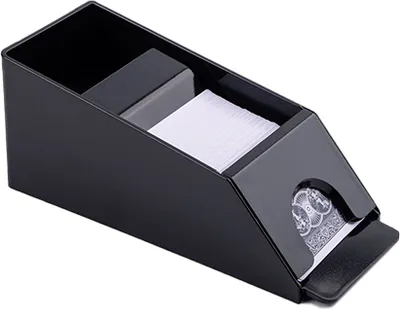 A black card shuffler with cards inside.