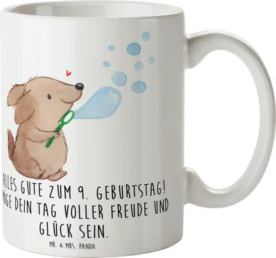 Produktbild von Mr. & Mrs. Panda Pott 9. Geburtstag Freude - Weiß - Geschenk, Henkelbecher, kaffeetasse bedruckt, Kaffeepott, Geburtstagsideen, Teepott, Tasse, Kaffeebecher, Neunter