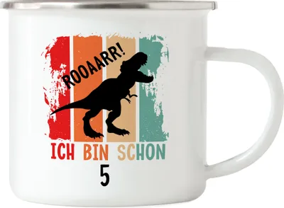 Produktbild von Roooaarr Ich Bin 5 Emaille Tasse Dinosaurier Dino T-Rex Geburtstagskind Geschenkidee