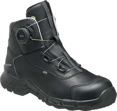A black work boot is shown against a white background.