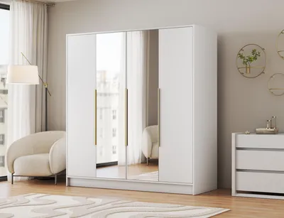 Produktbild von Kleiderschrank 4-türig Schrank mit Spiegel Garderobe Schlafzimmer Drehtürenschrank - Schrank Silvara 200 cm - Weiß mit goldenen Griffen