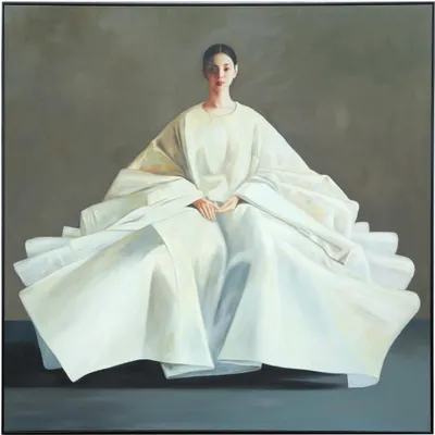 Produktbild von Fine Asianliving Ölgemälde 100% Handgemalt Rahmen Schwarz 100x100cm Chinesische Frau Weiß