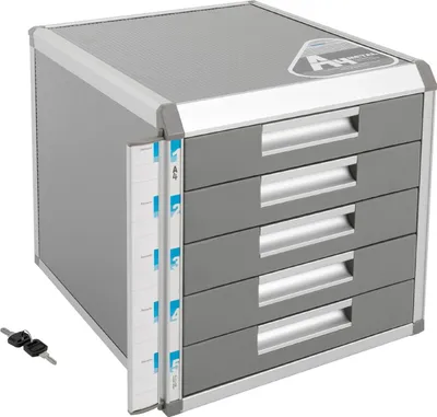 Obrázek produktu pro Organizér na psací stůl – 5 zásuvek, archivní skříňka – uzamykatelná, úložný prostor pro dokumenty formátu A4, materiál: hliníková slitina, barva: stříbrná