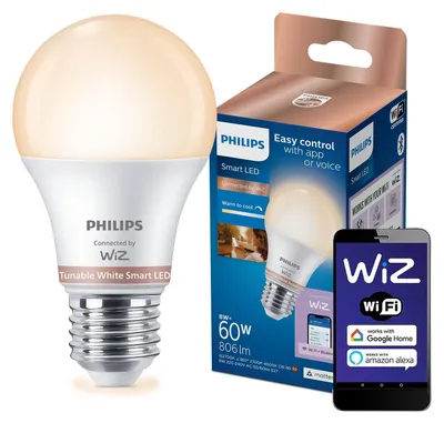 Zdjęcie produktu dla Philips Żarówka 60 W A60 E27, Wi-Fi/Bluetooth, Biały, Wi-Fi 4 (802.11n), 802.11b, 802.11g, LED, Plastik, E27