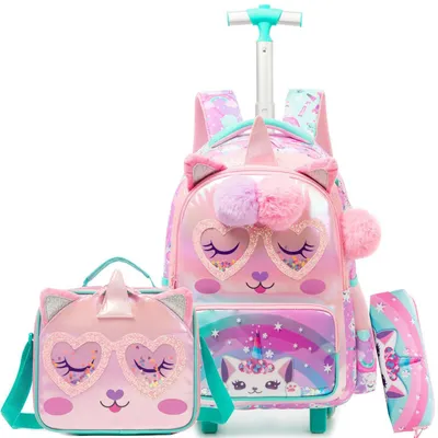 Immagine prodotto di Set di zaino scolastico con rotelle, unicorno rosa, completo di borsa per il pranzo e astuccio, dimensioni 42x30x20 cm