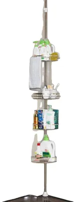 Zdjęcie produktu dla Półka pod prysznic, stal nierdzewna, regulowana wysokość 110–280 cm, 4 półki, nośność 5 kg, konstrukcja teleskopowa
