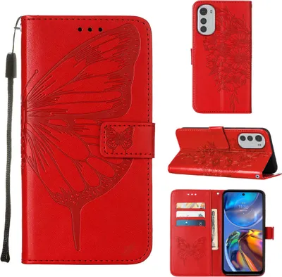 Obrázek produktu pro Moto E32 Pouzdro, Motýlí Reliéf Flip Kožené Pouzdro s Kapsami na Karty a Stojánkem pro Motorola Moto E32 červené