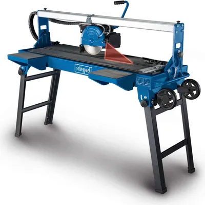 A blue and black tile saw with a foldable stand is shown against a white background.