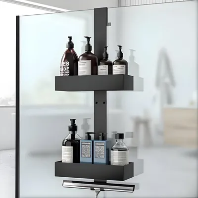 Produktbild von PolkaHome® Hängendes Duschregal mit 2 Ebenen – Aufbewahrungsregal für Badezimmer, ohne Bohren, für rahmenlose Glastüren bis 12 mm, Schwarz