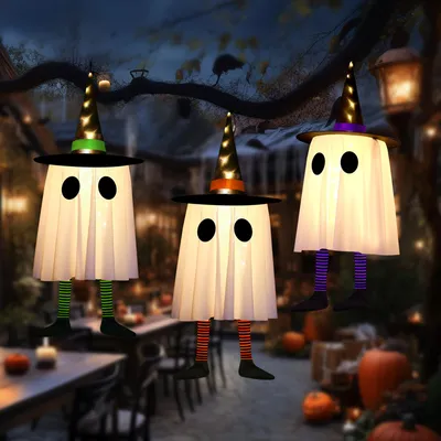 Produktbild von 3er Set Halloween Hängende Geister mit Lichterkette LED Hängelicht Batteriebetrieben Dekoration für Innen Spukhaus Party