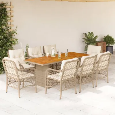 Produktbild von Design 9-tlg. Garten-Essgruppe mit Kissen Beige Poly Rattan, Gartenmöbel-Sets 2024 Neu