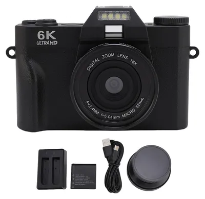 Zdjęcie produktu dla Aparat cyfrowy 6K, 64 MP, autofokus, aparat, 16-krotny zoom, odchylany ekran 180°, kompaktowy aparat podróżny z kartą pamięci 32 GB