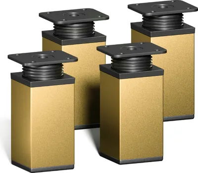Four gold-colored furniture legs with black adjustable tops are arranged in a group against a white background.