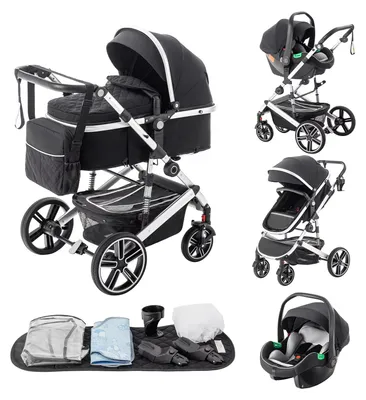 Image de Poussette 3-en-1 pour bébé - Modèle SK21 - Légère et pliable - Poussette de voyage pour nouveau-nés de 0 à 1 an - Siège surélevé - Châssis en aluminium - Jusqu'à 20 kg - Noir