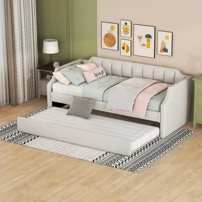 Image de Lit de jour simple matelassé avec sommier à roulettes, dimensions 90x200 cm, couleur beige