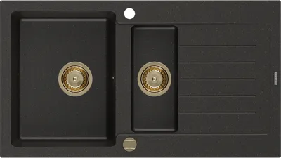 Produktbild von Mexen Matias 1,5-Becken-Granitspüle mit Abtropffläche 900 x 505 mm, Schwarz/Gold metallisch, Siphon Gold - 6502901505-75-G