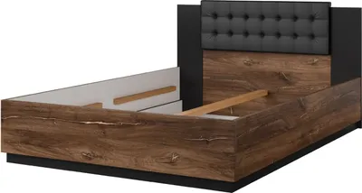 A bed frame with a wooden finish and a tufted headboard.