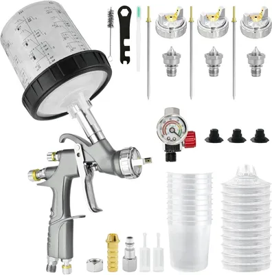 Immagine prodotto di Set di pistole a spruzzo LVLP – Pistola per verniciatura con 3 ugelli intercambiabili da 1,3/1,5/1,7 mm e contenitore di miscelazione da 650 ml