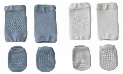 Obrázok produktu pre Súprava ponožiek s chráničmi kolien pre batoľatá, z česanej bavlny, mäkká ochrana proti pošmyknutiu, svetlosivá a modrá, veľkosť S pre deti od 0 do 1 roka