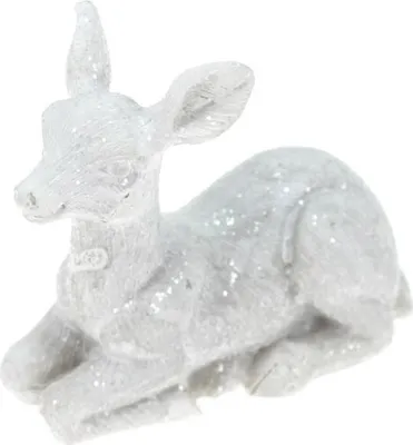 Produktbild von Rehkitz Reh Bambi liegend 6cm Polyresin Herbst Hirsch Figur weiß glitzernd, Farbe:weiß