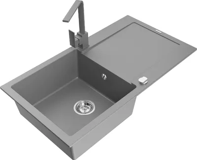 Produktbild von Mexen Leo 1 Becken-Granitspüle mit Abtropffläche und Mischbatterie Rita, Grau - 6501-71-670300-71