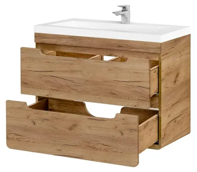 Produktbild von Waschtisch-Unterschrank Set in Wotaneiche Nb, 81 cm Keramik-Waschbecken, 2 Softclose-Schubladen, B/H/T ca. 81/63/46 cm