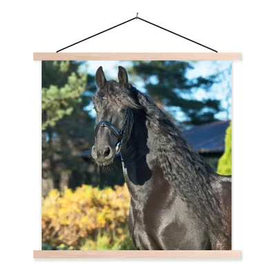 Produktbild von MuchoWow® Textilposter Sonne - Friesisch - Pferd 60x60 cm mit holzfarbenen Rahmen - Wanddekoration