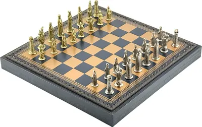 Image de Jeu d'échecs italien : pièces médiévales (métal) + échiquier en similicuir, doré/bleu (35 cm)