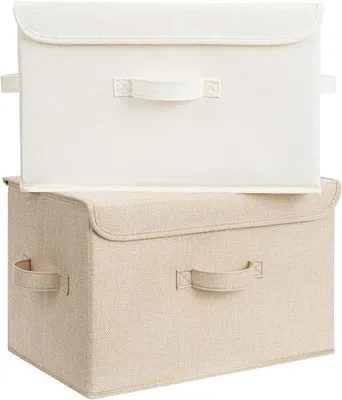 Produktbild von PolkaHome® Aufbewahrungsboxen mit Deckel, 2er Set Stoffboxen, faltbar, 40 x 26 x 25,5 cm, 1 Weiß 1 Khaki