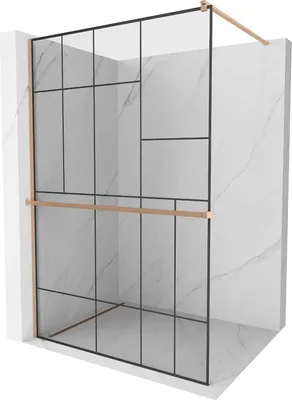 Produktbild von Mexen Kioto+ Duschwand mit Walk-in Ablage 100 x 200 cm, schwarzes Muster, gebürstetes Kupfer - 800-100-121-65-78