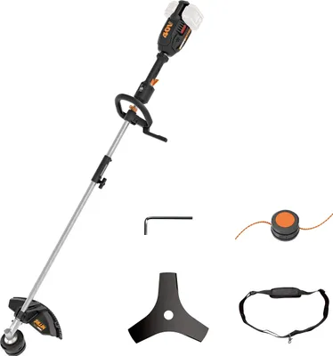 A cordless string trimmer and its accessories are displayed against a white background.