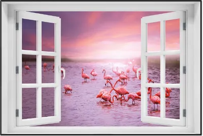 Produktbild von Wallario Wandbild mit Fenster-Illusion: Rosa Flamingos bei Sonnenuntergang, Größe: 61 x 91,5 cm, Poster mit schwarzem Aluminiumrahmen